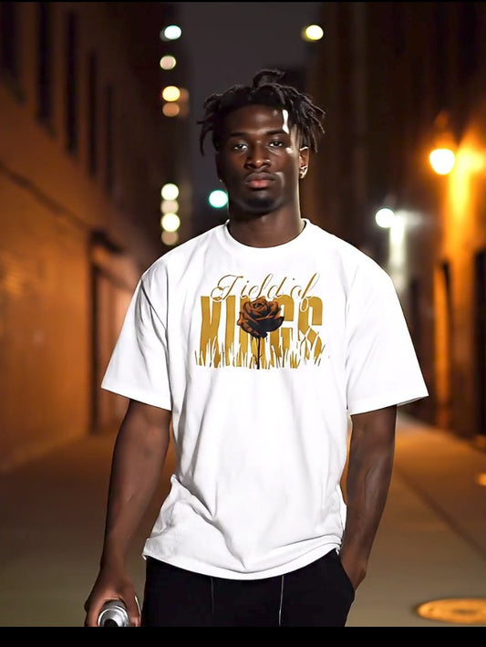 Unisex organic oversized high neck t-shirt, "Field of Kings Brown Rose Garden".